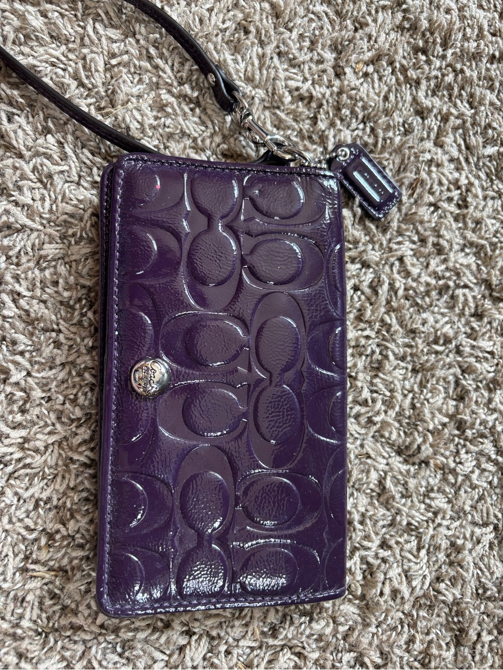 Coach Patent Leather Wristlet Phone Case in Deep Purple